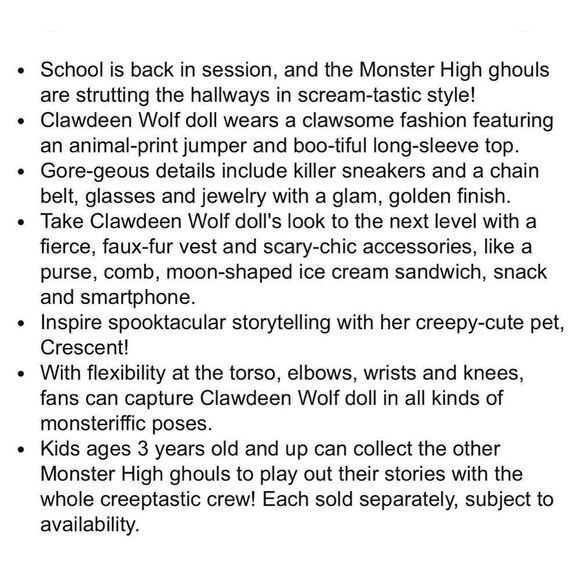 Monster High Doll Clawdeen Wolf Pet Dog Crescent Purple Streaked Hair NEW - Picture 8 of 12